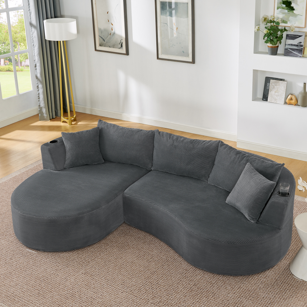 Sofá chaise longue 3 plazas pana gris con cojines y portavasos integrados
