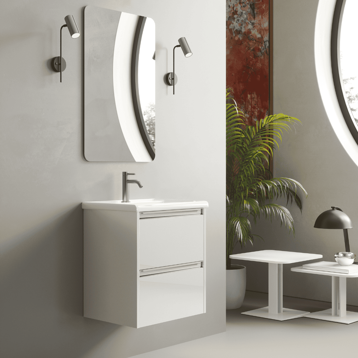 Mueble de baño fondo reducido | lavabo| 2 cajones | 50 cm blanco tir. Cromo