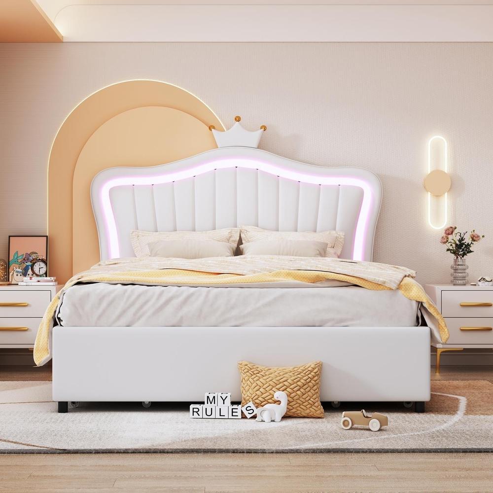 Cama tapizada 140x200cm blanca con 4 cajones LED 16 colores