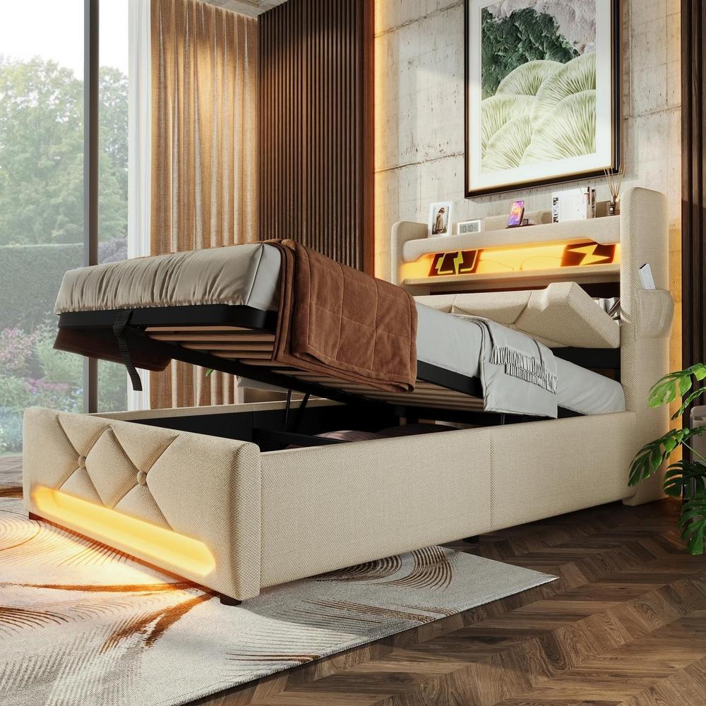 Cama individual 90x200 cm con LED 360°, cabecero usb-c, beige