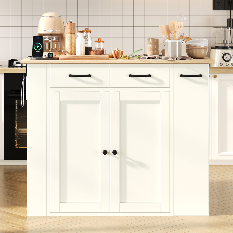 Isla de cocina extensible con enchufes 2 cajones blanca 96x120x45-75cm