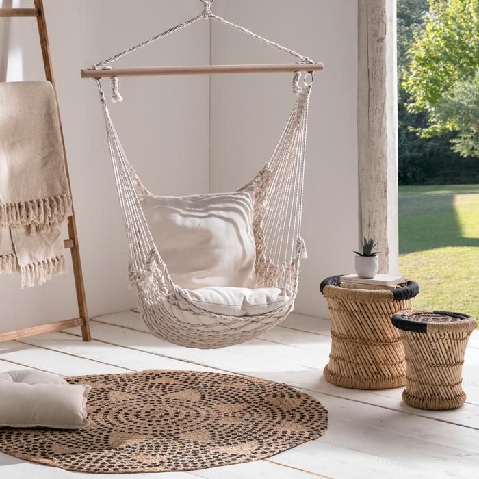 Sillón colgante de macramé beige - 2 cojines - 90x55x100 cm