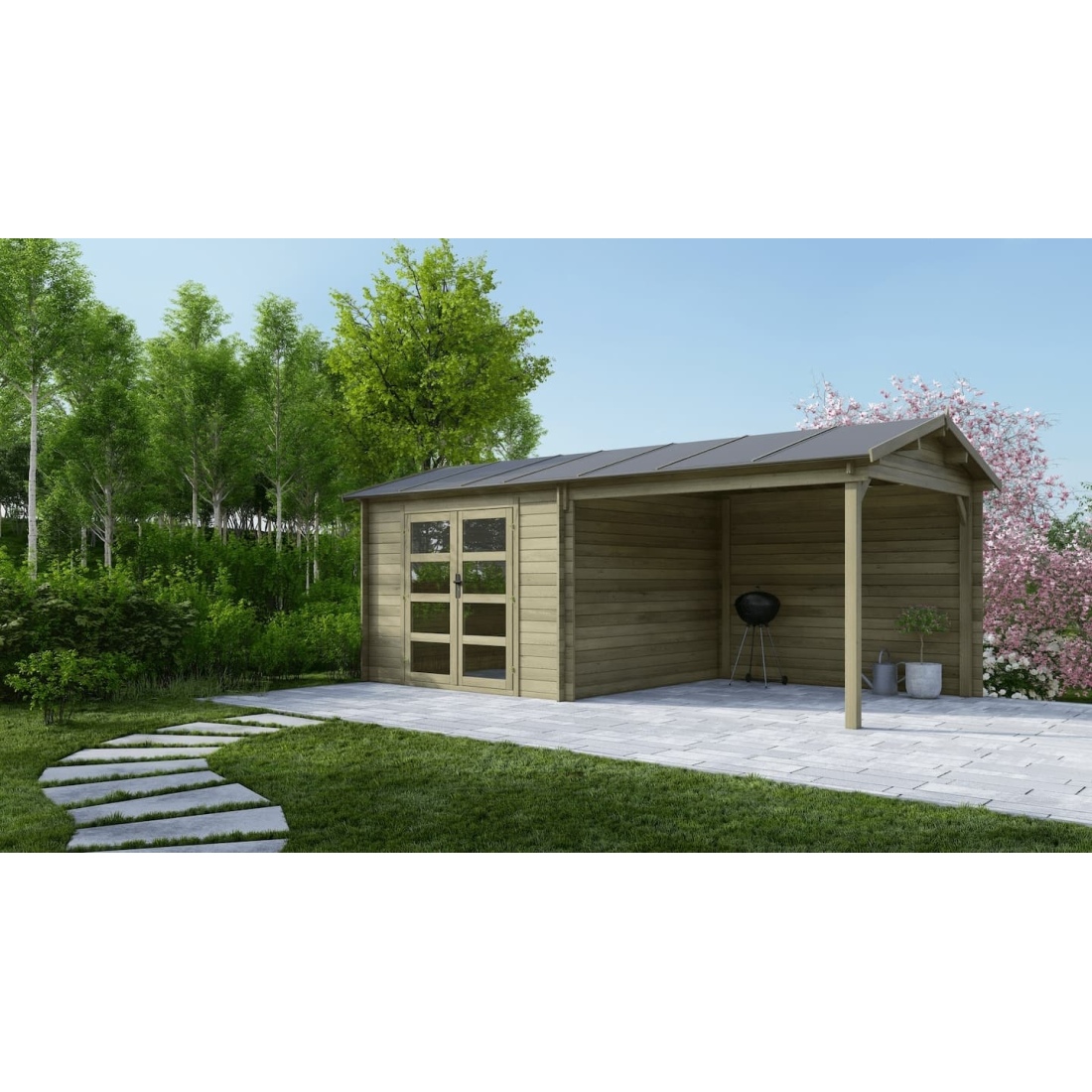 Caseta de jardín de madera 17.4 m2 - 5.79x3 m - 28 mm - impregnada - dom718