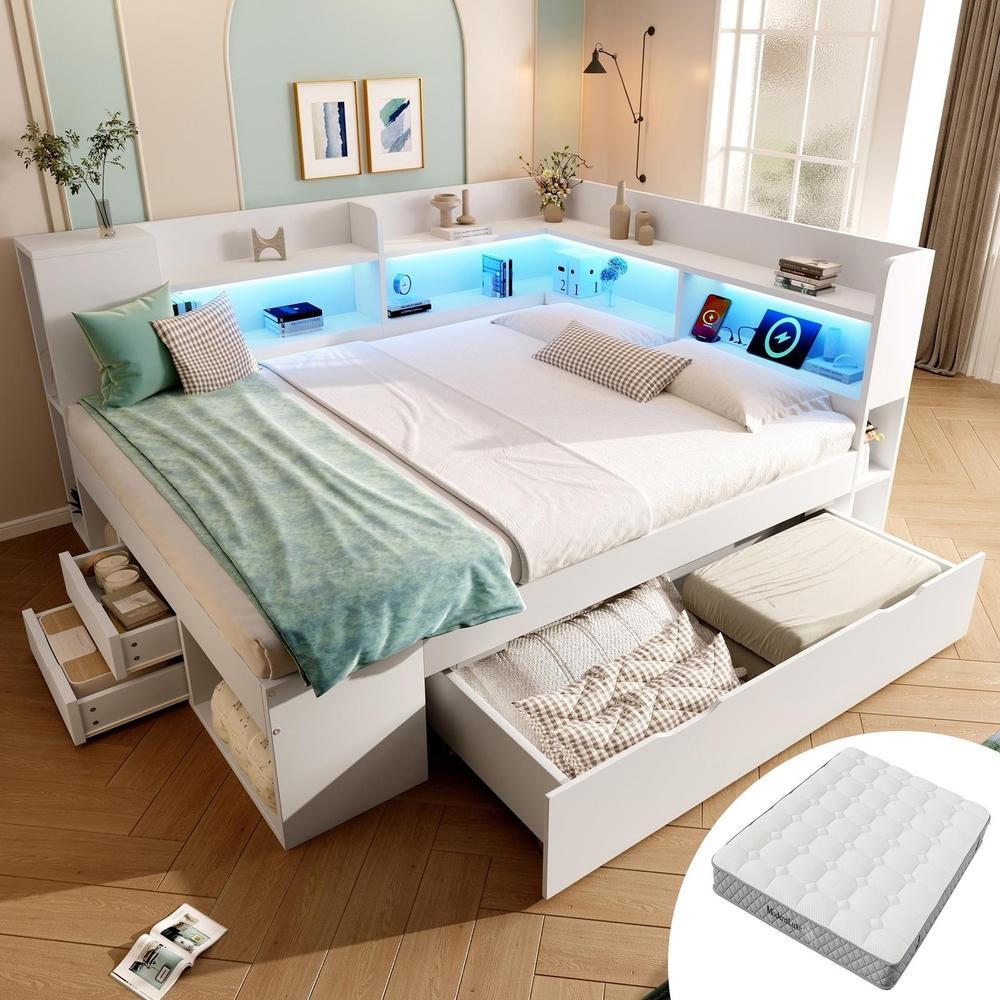 Cama doble 140x200cm con LED, usb-c, cajones, almacenaje, blanca