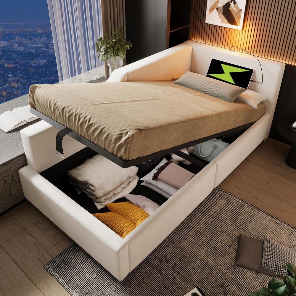 Cama infantil 90x200cm con hidráulico, luz lectura y usb-c, beige