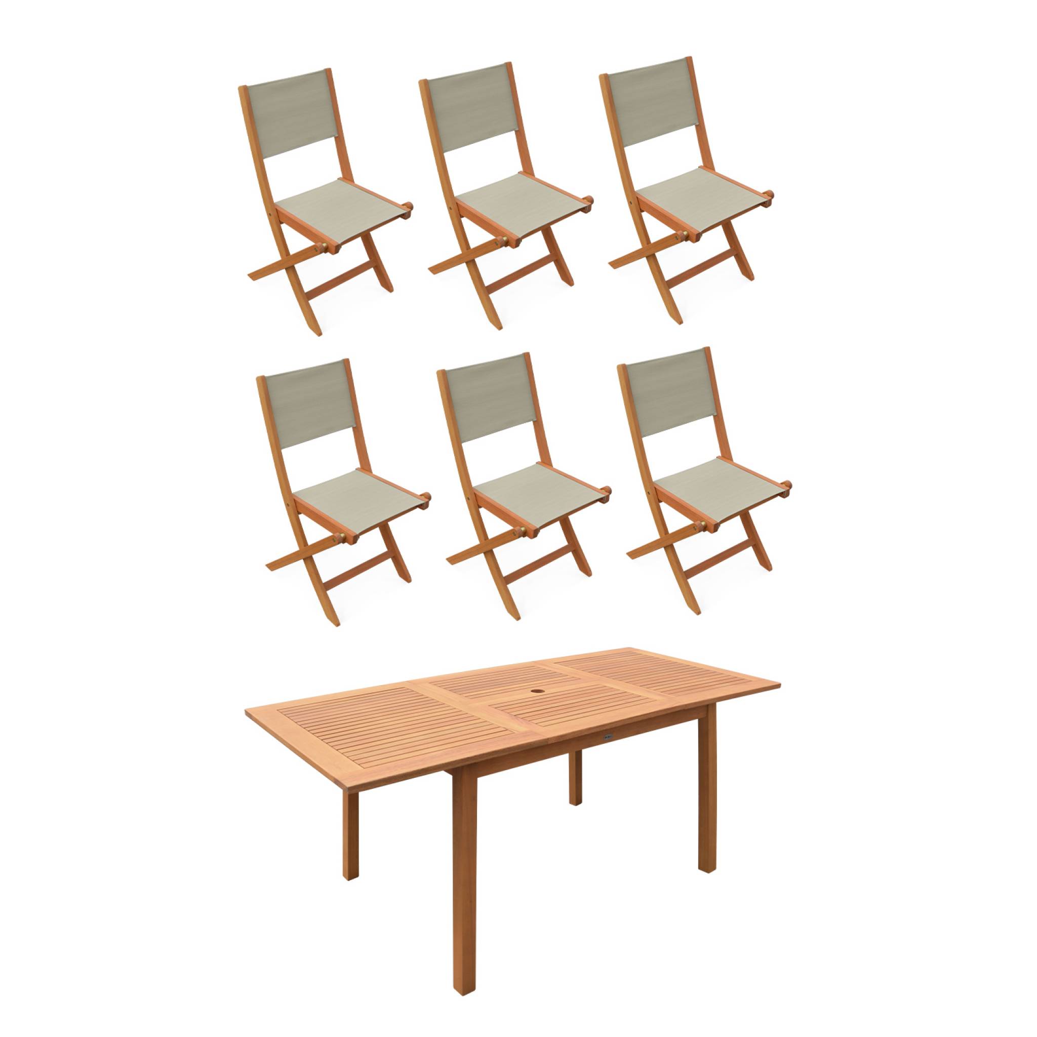 Mesa de jardín de madera extensible, 6 sillas madera 180x80x75 cm