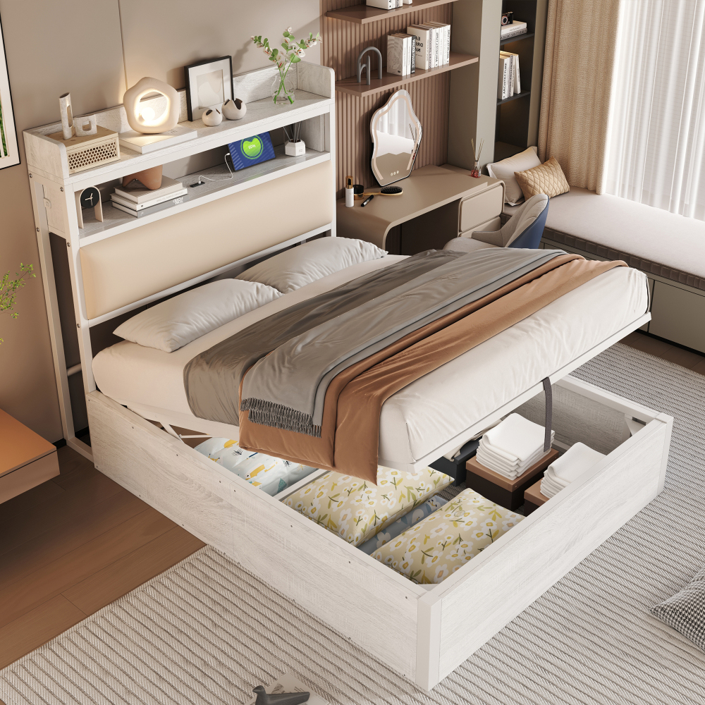 Cama individual 90x200cm con canapé hidráulico y usb metal +madera – blanco