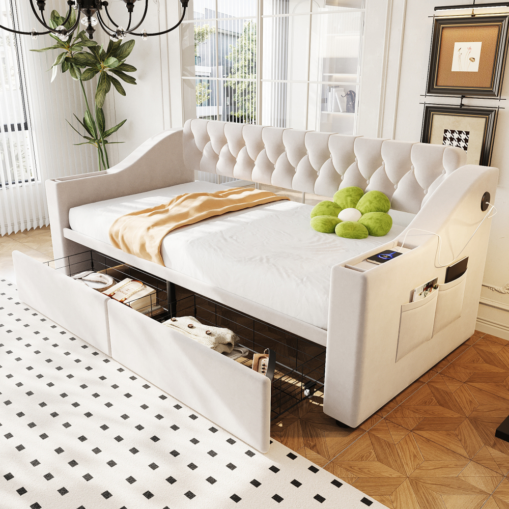 Sofá cama individual 90x190cm con LED, enchufe y cajones, franela – beige