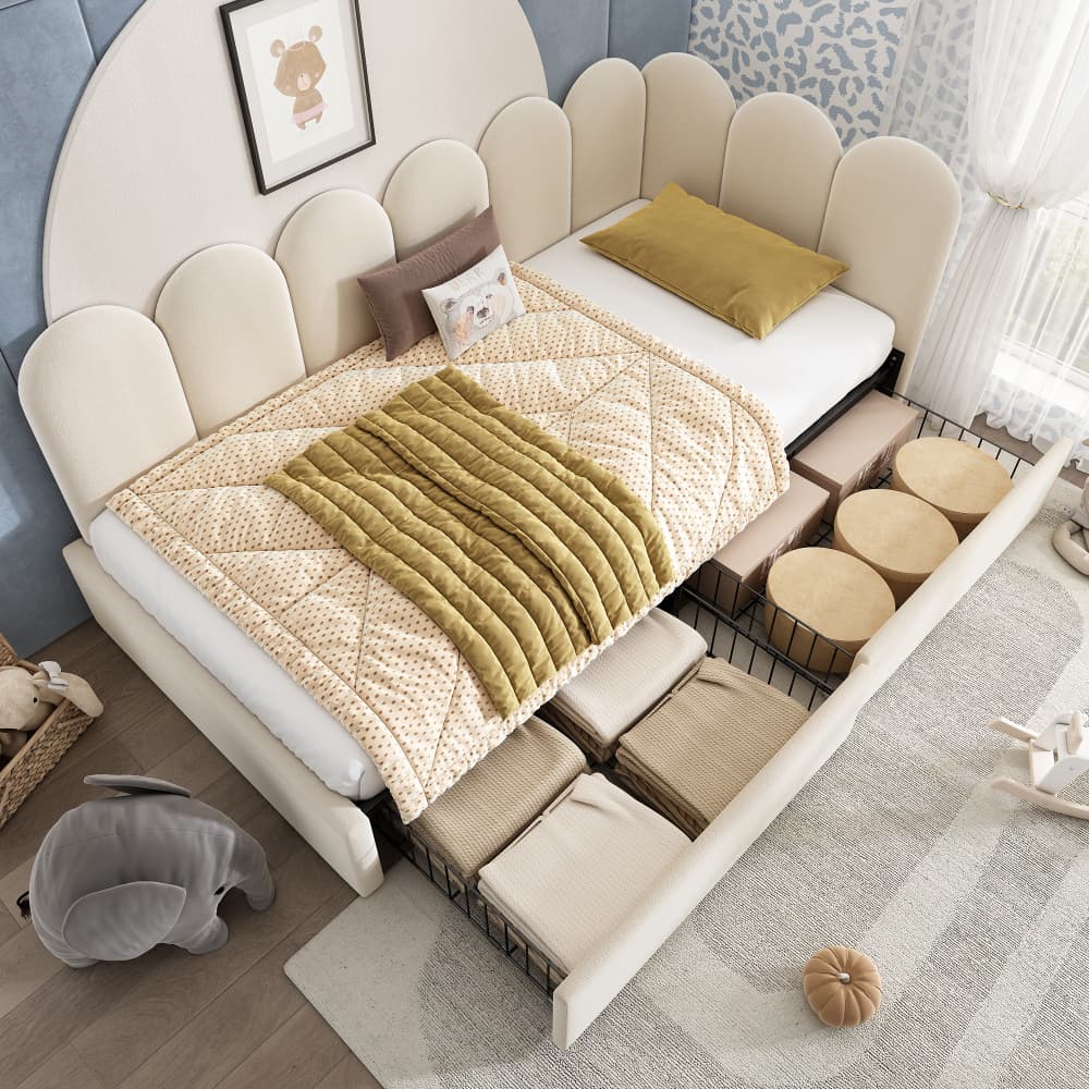 Cama tapizada 90x200cm con 2 cajones y diseño en l terciopelo – beige