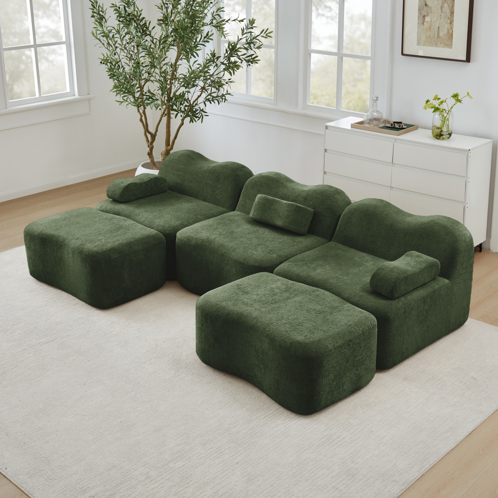 Sofá modular en u terciopelo verde 3 plazas 2 otomanas asiento profundo