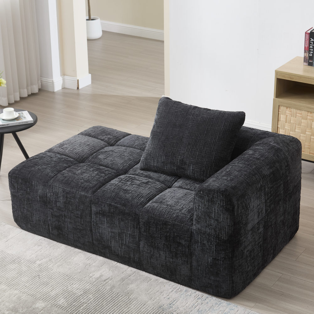 Sofá chaise longue 2 plazas en chenilla negra con almacenaje y cojín