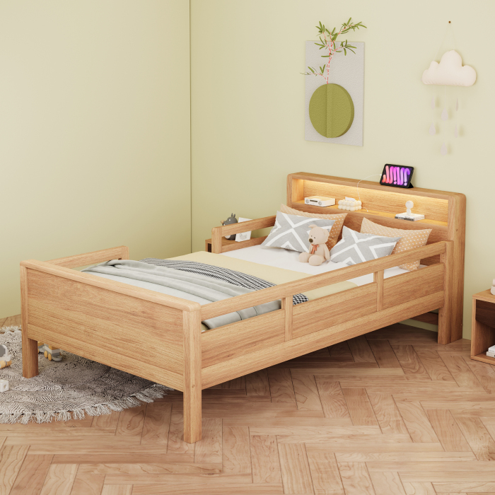 Cama 90x200cm con LED y carga usb almacenaje madera de pino – natural