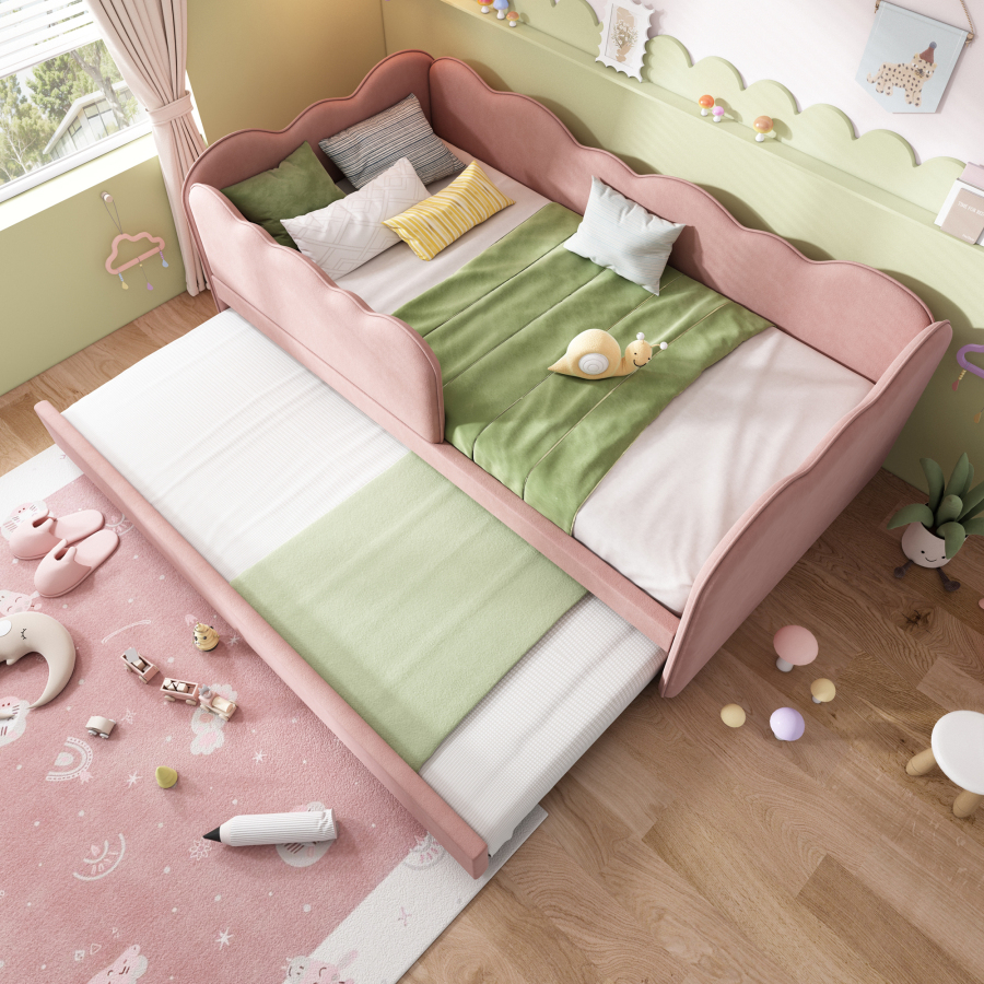 Cama tapizada 90x190 cm con cama nido y barandilla terciopelo – rosa
