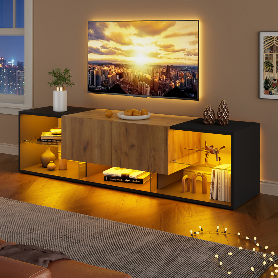 Mueble de tv con LED y 2 cajones negro natural 42x160x40cm