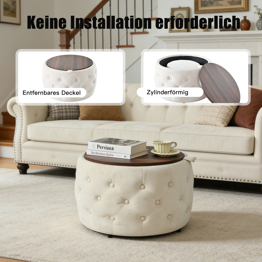 Reposapiés redondo terciopelo beige set de 2 con almacenaje