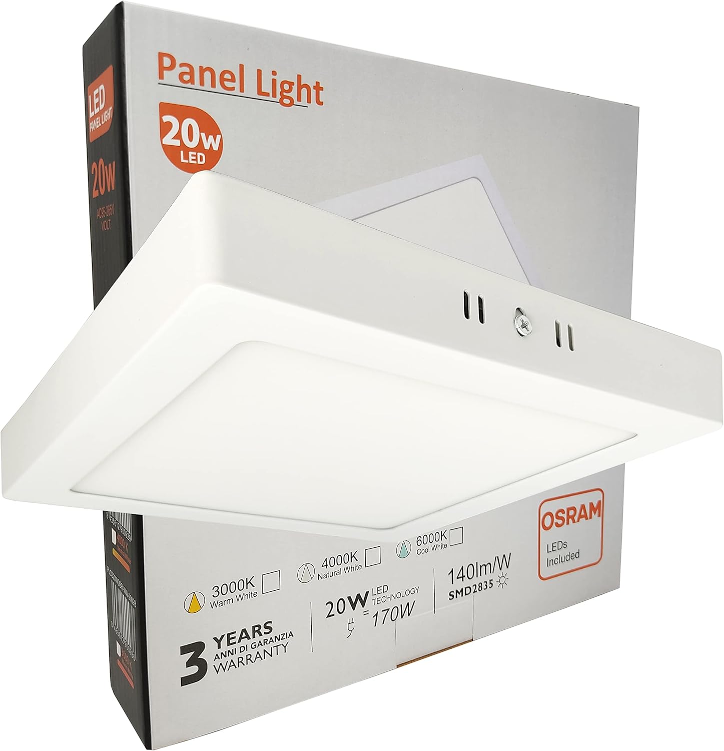 Plafón techo LED cuadrado 20w 2000lm lámpara superficie, luz natural 4000k