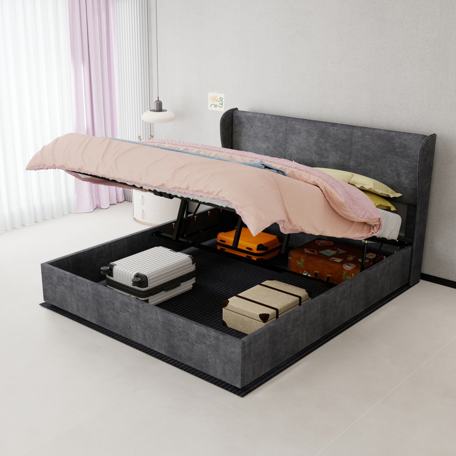 Cama tapizada 160x200 cm estructura de tela y metal sin colchón – gris