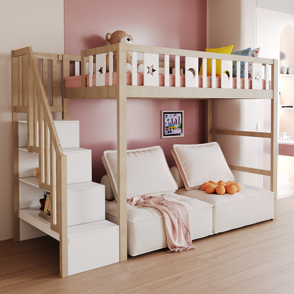 Cama alta 90x200cm escalera de almacenamiento y barandilla madera – natural