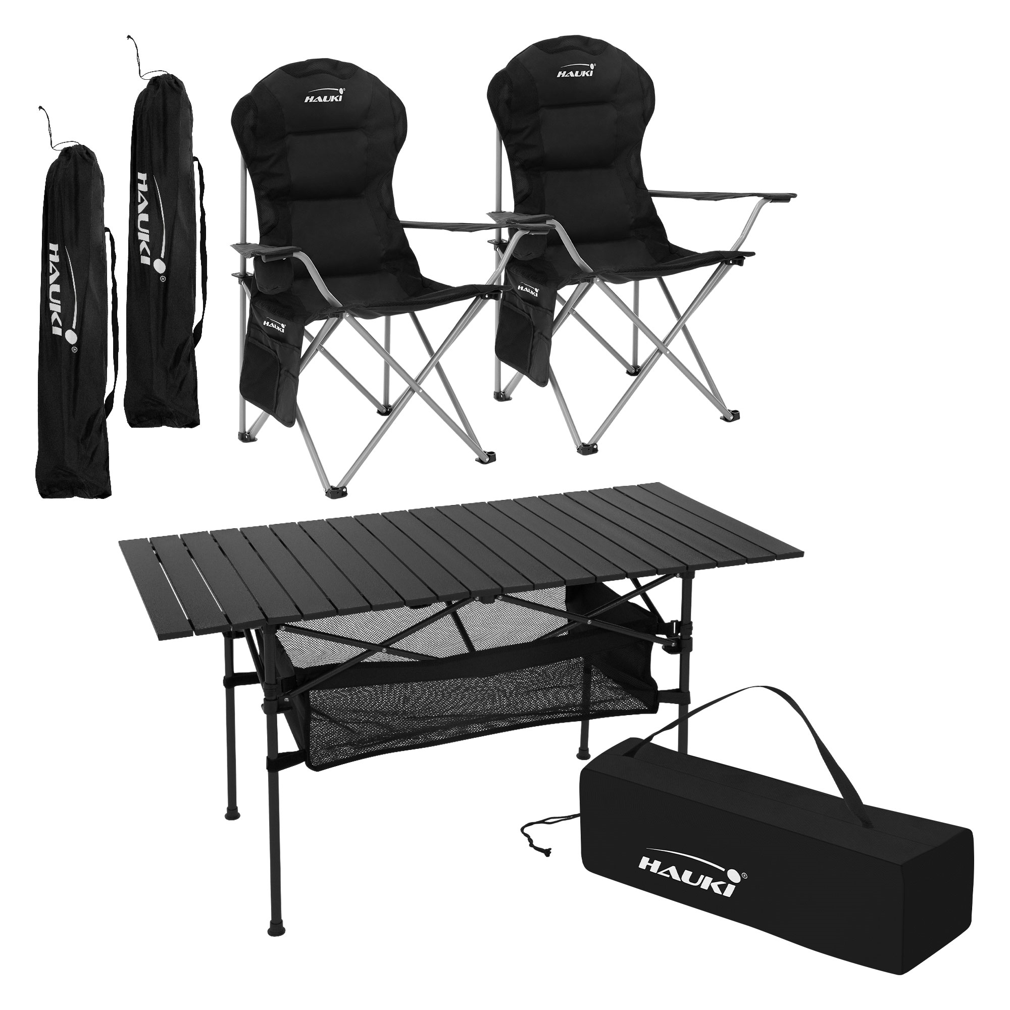 Muebles de camping mesa y 2 sillas negras plegables mobiliario acampada