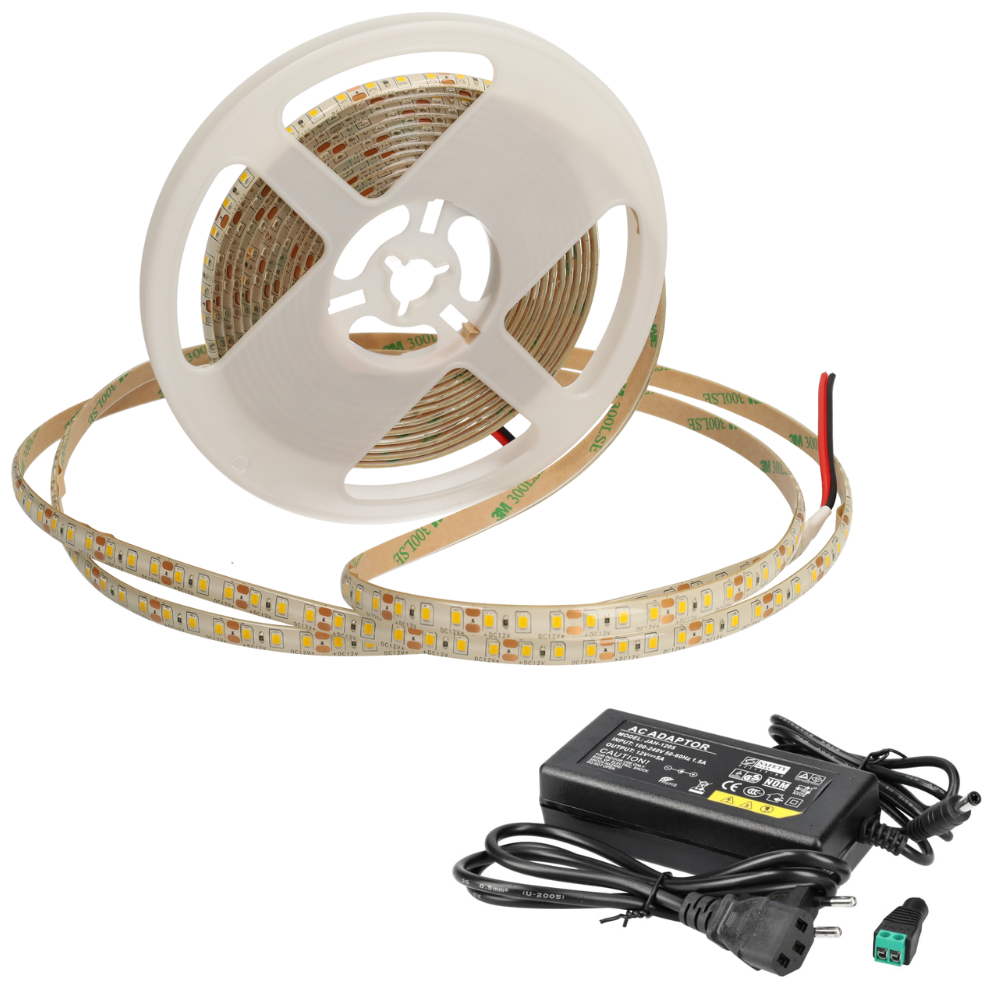 Kit tira LED 12v cálido 2300k 600LED 5m ip65+transformador 60w conectores