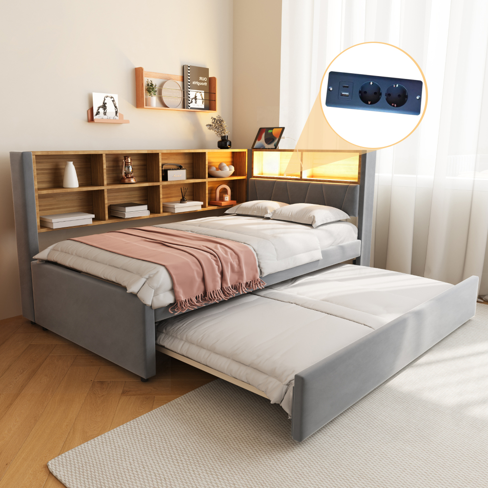 Cama nido 90x200cm con LED, usb y compartimentos flanela gris oscuro