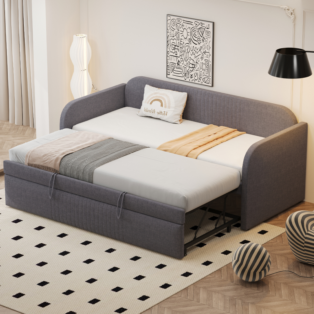 Cama nido tapizado 90/180x190cm con somier de láminas, lino – gris oscuro