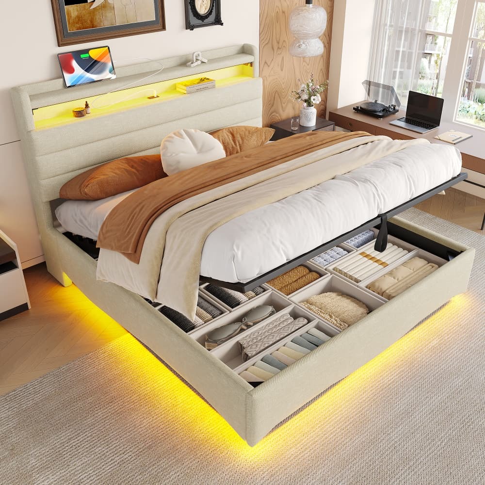Cama tapizada 140x200cm con LED, carga usb y almacenaje lino – color beige