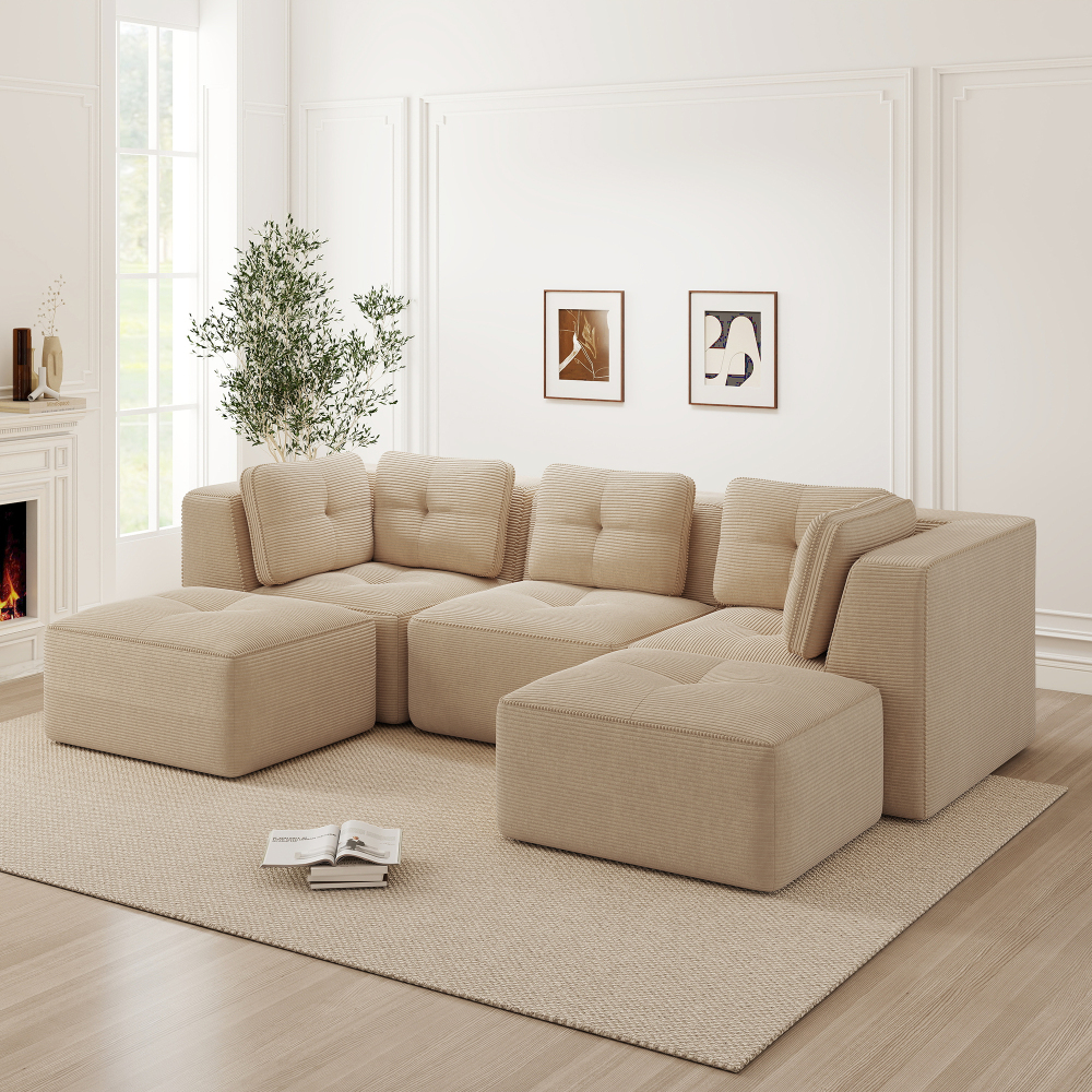 Sofá en u modular pana beige 3 plazas otomana asiento profundo