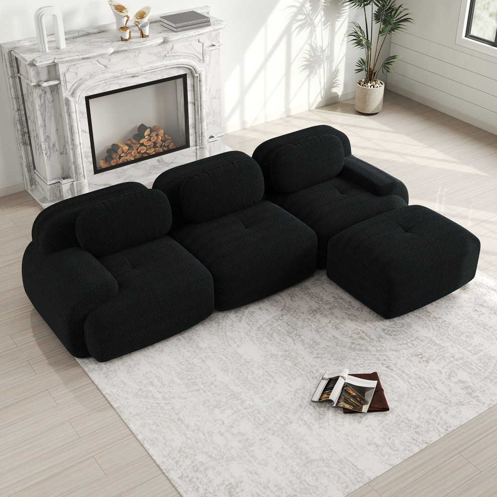 Sofá en l modular de pana negro con diseño sin estructura y sin montaje