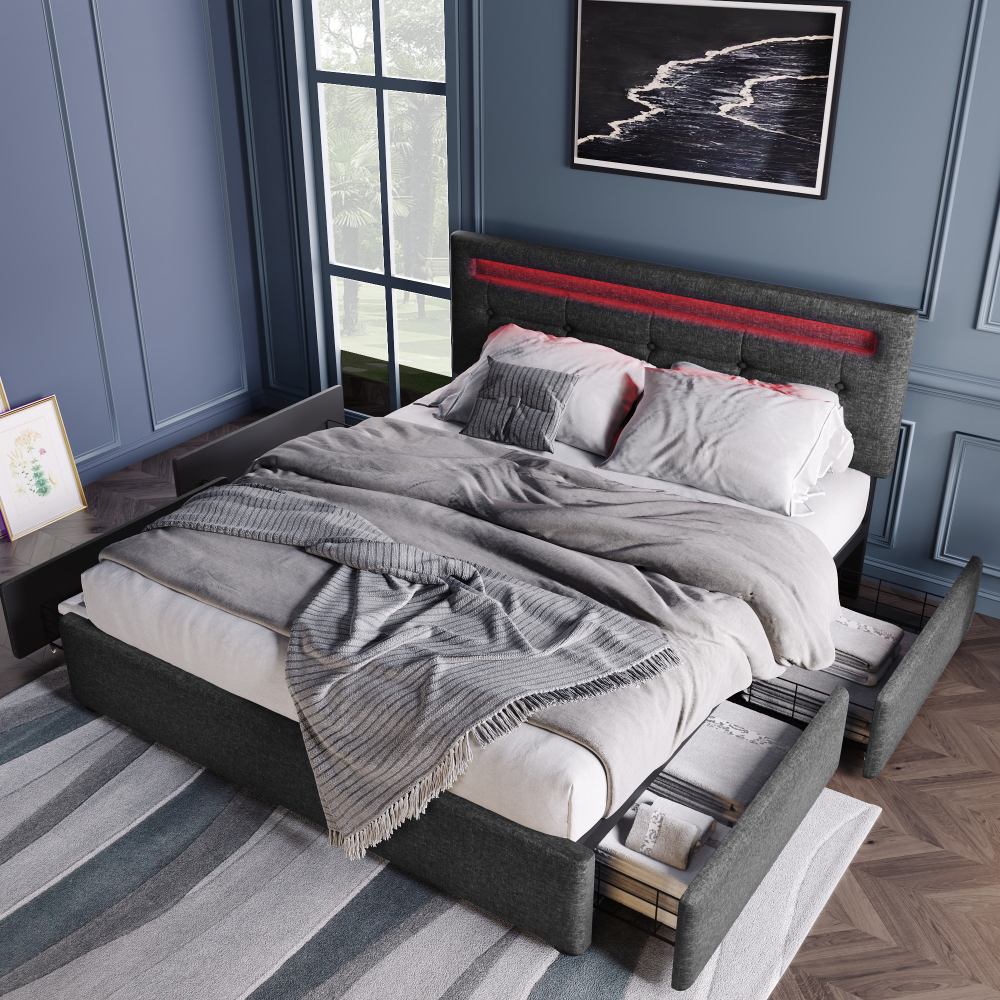 Cama tapizada 140x200cm LED 4 cajones lino gris con colchón