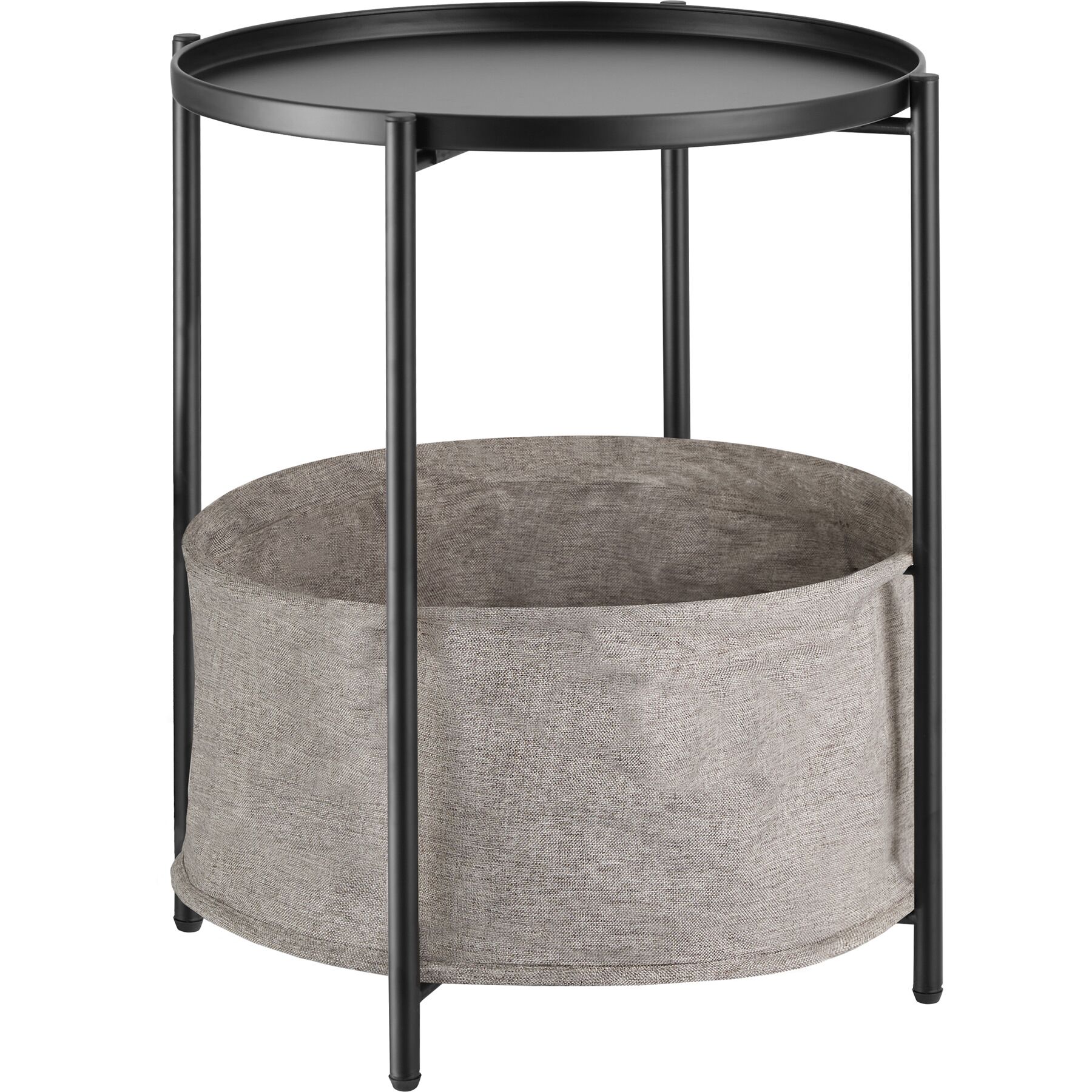 Mesa auxiliar redonda, bandeja y cesta, 45,5 x 53 cm, negro