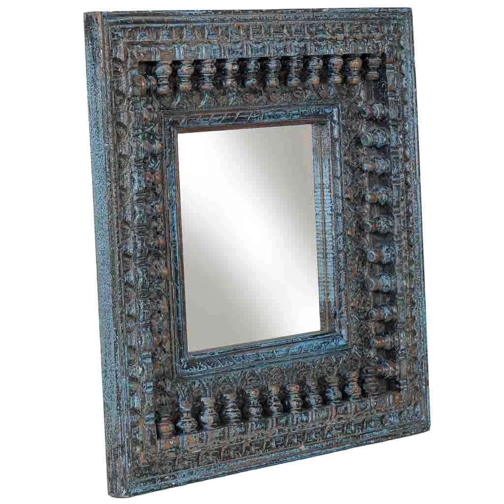 Espejo de madera azul acabado artesanal 60x5x60 cm