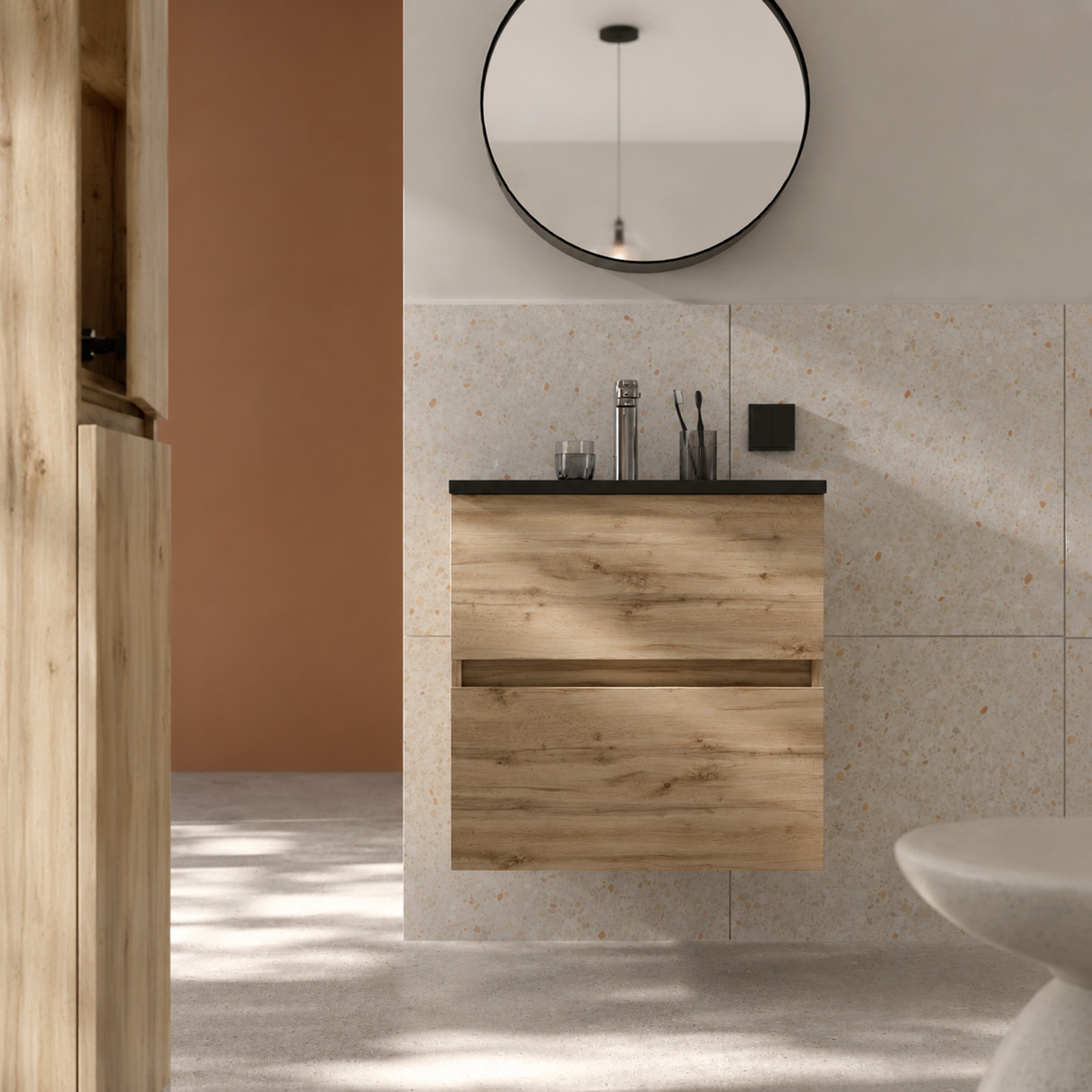 Pack mueble de baño 50cm roble natural 2 cajones con lavabo negro