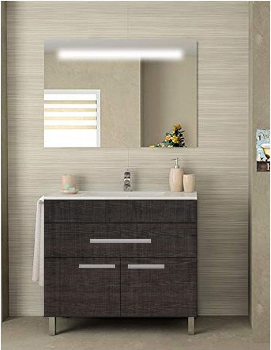 Mueble de baño bahia con lavabo dos senos y espejo 120x45cm roble sinatra