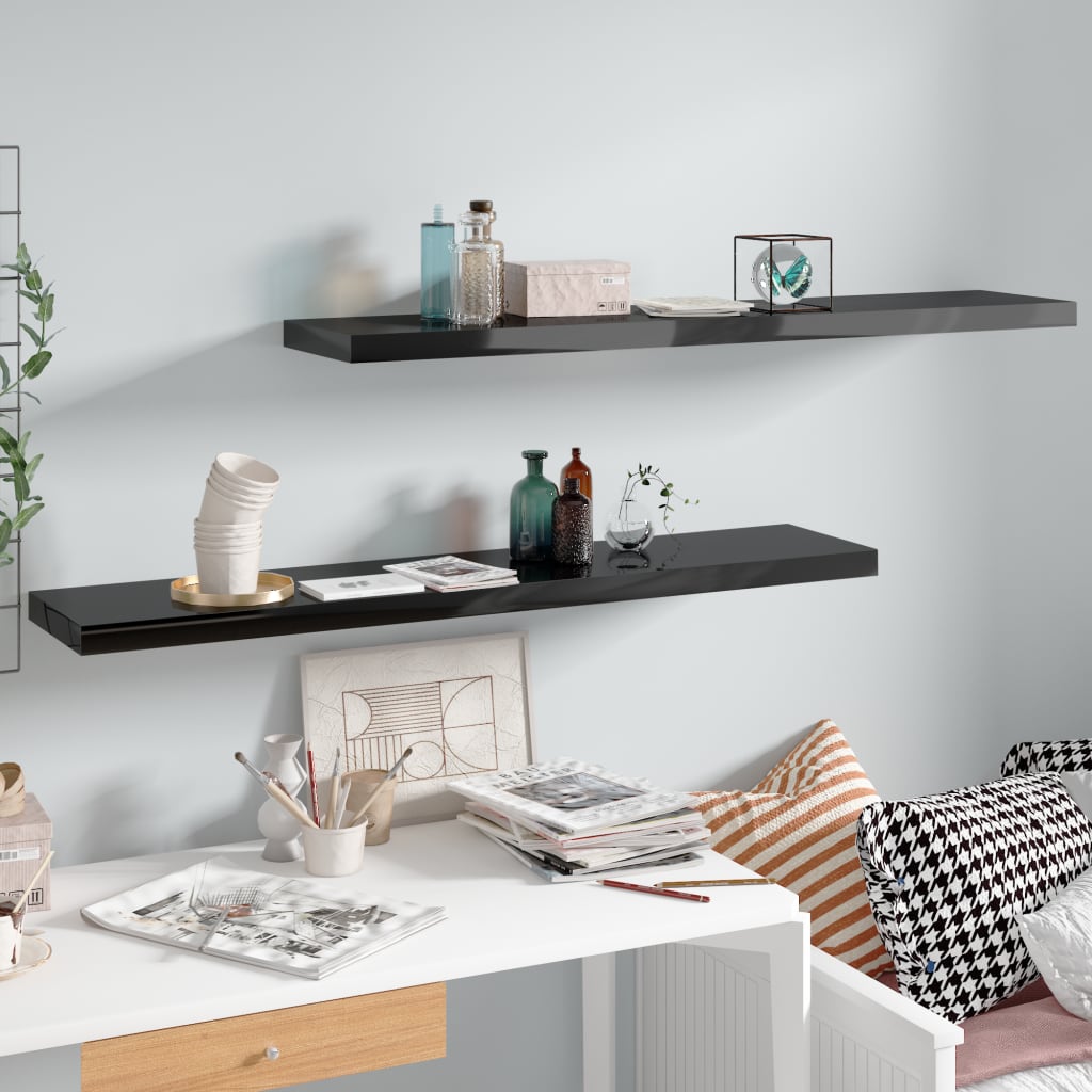 Estantes flotantes pared 2 uds mdf negro brillo 120x23,5x3,8 cm es1801
