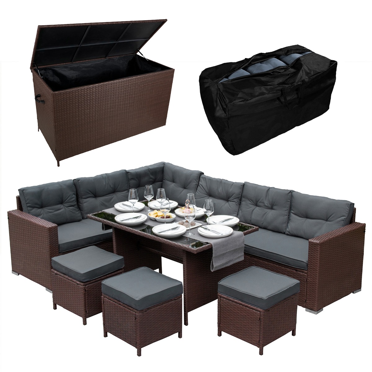 Juego esquinero de comedor de ratán y caja de almacenamiento - marrón