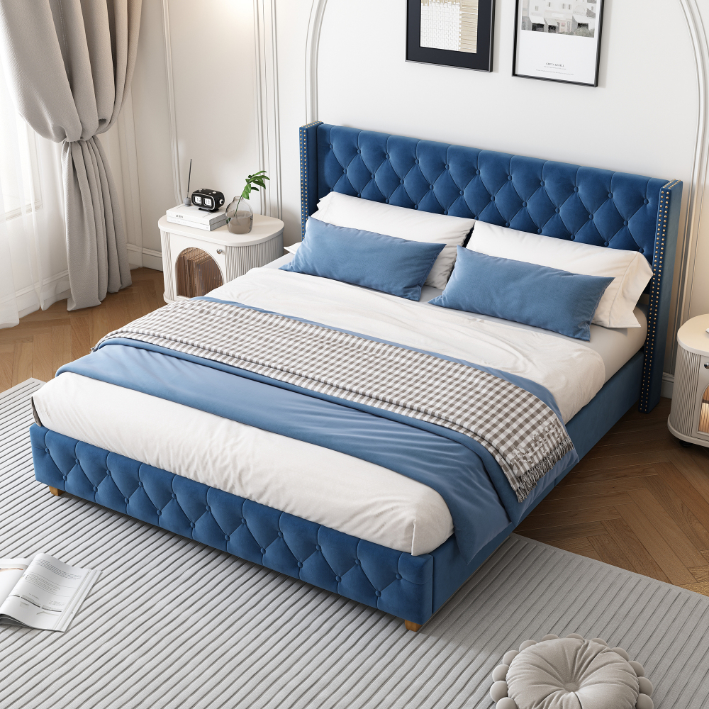 Cama tapizada 160x200cm con cabecero acolchado terciopelo – azul