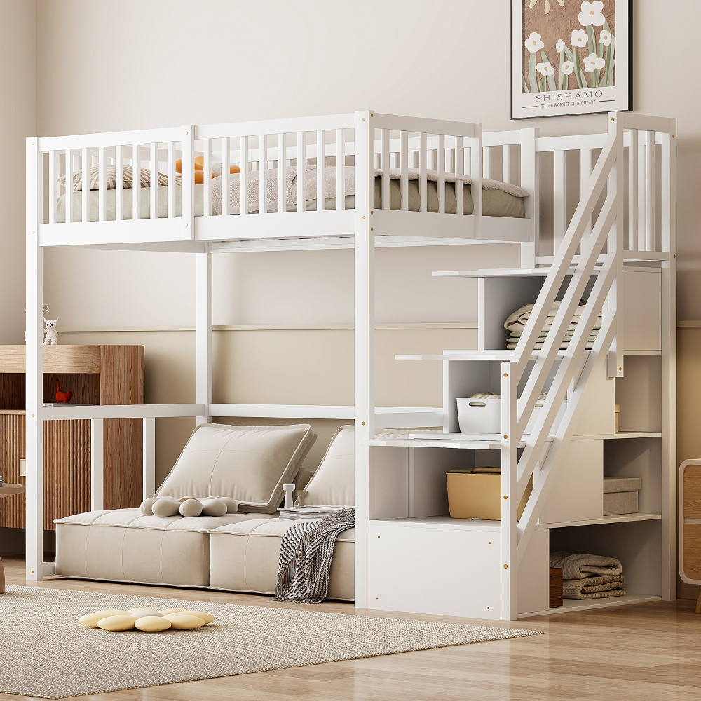 Cama alta juvenil 90x200cm con escalera con almacenaje pino macizo – blanco