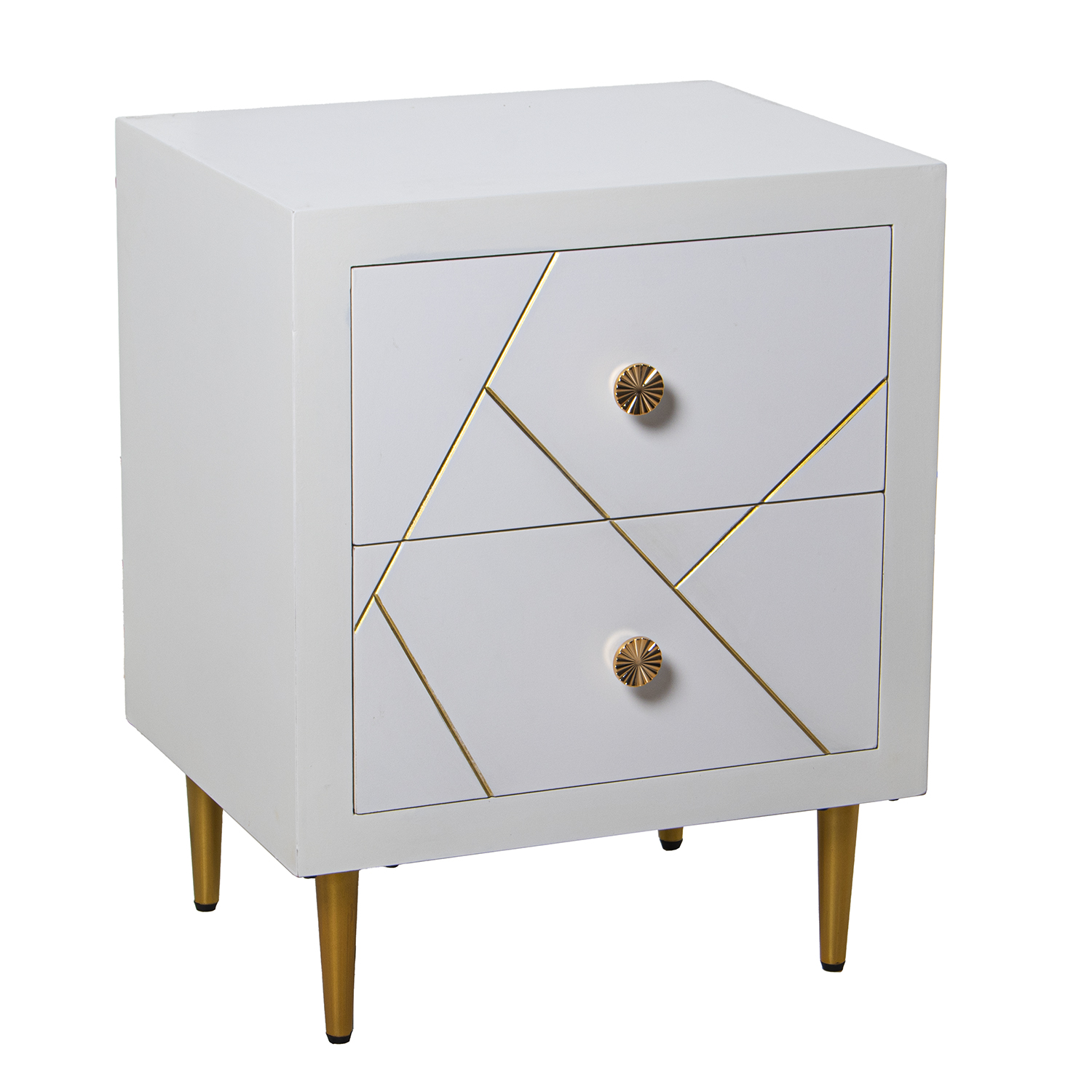 Mesa de noche madera 2 cajones blanco, patas metal oro