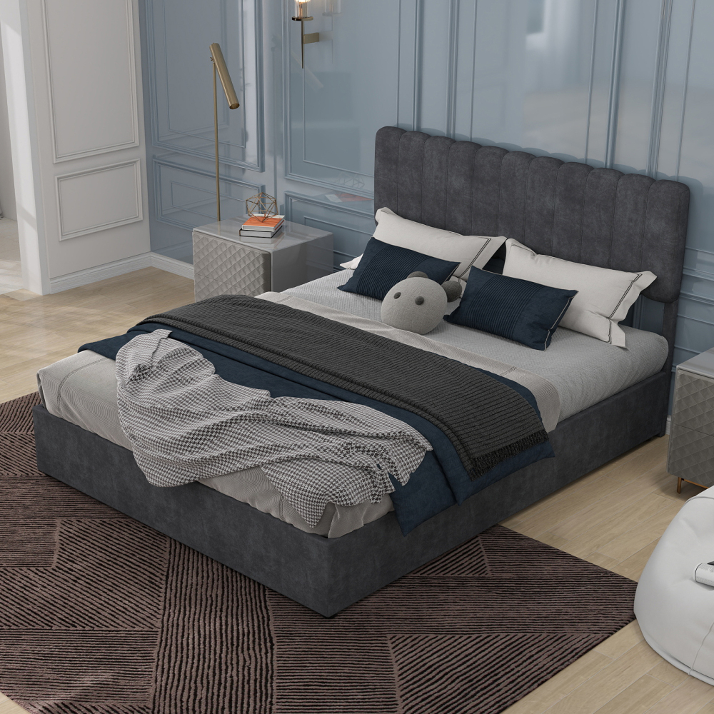 Cama tapizada 160x200 cm con canapé y cabecero acolchado tela – color gris