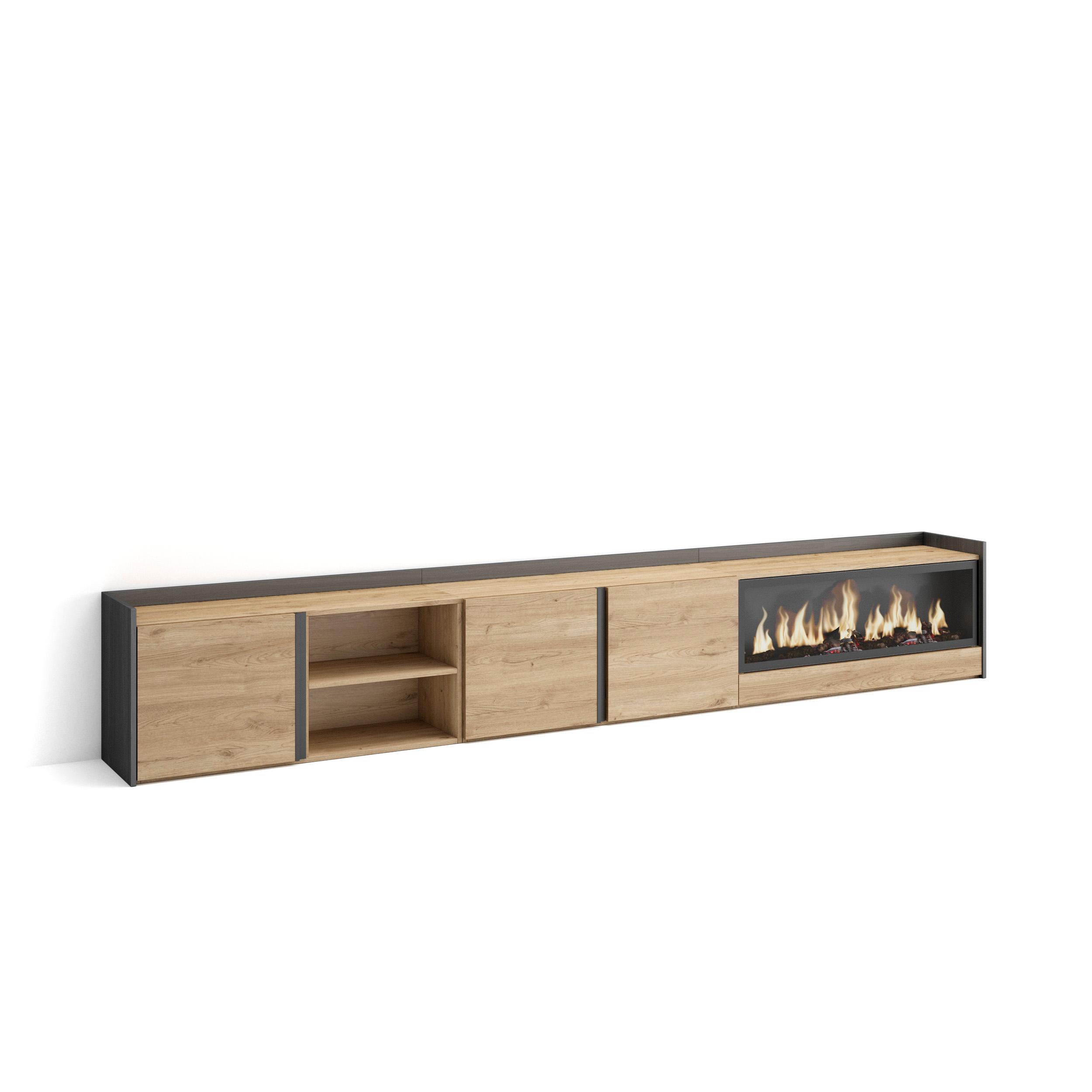 Mueble tv, 315x35x50cm, roble y negro, chimenea eléctrica xxl rf4725
