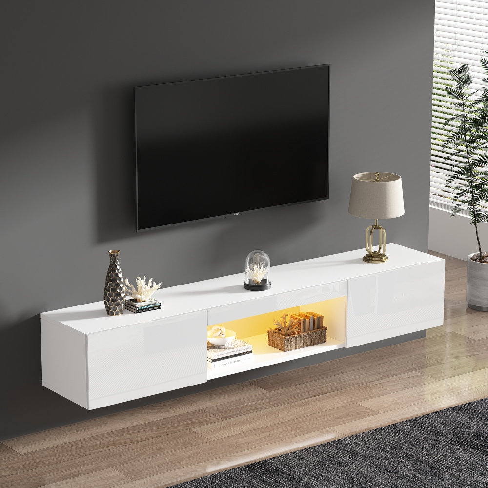 Mueble de tv colgante para salón 2 puertas blanco brillo 22x160x31cm
