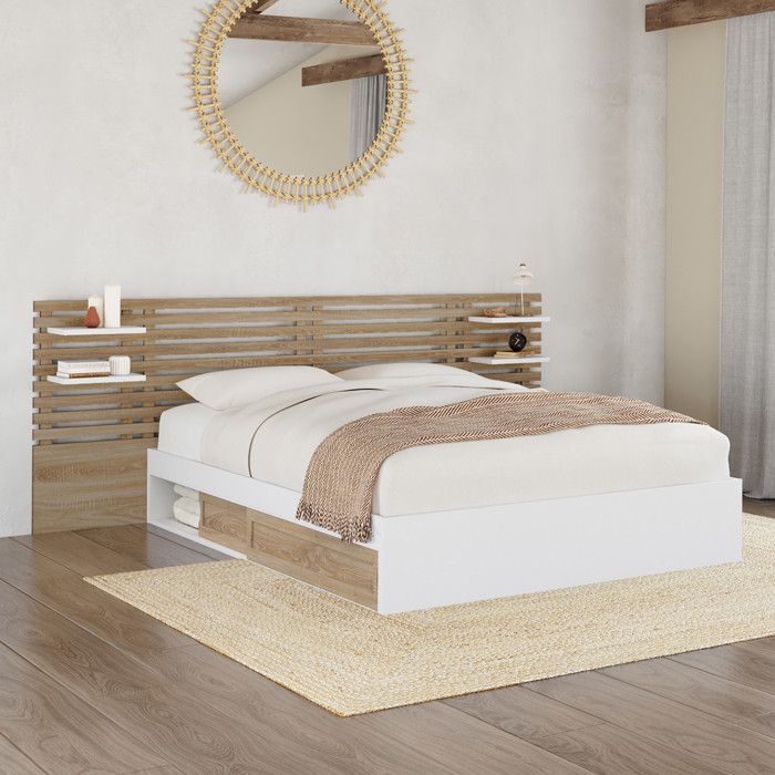 Cama doble con almacenamiento blanca de madera - 140 x 190 cm