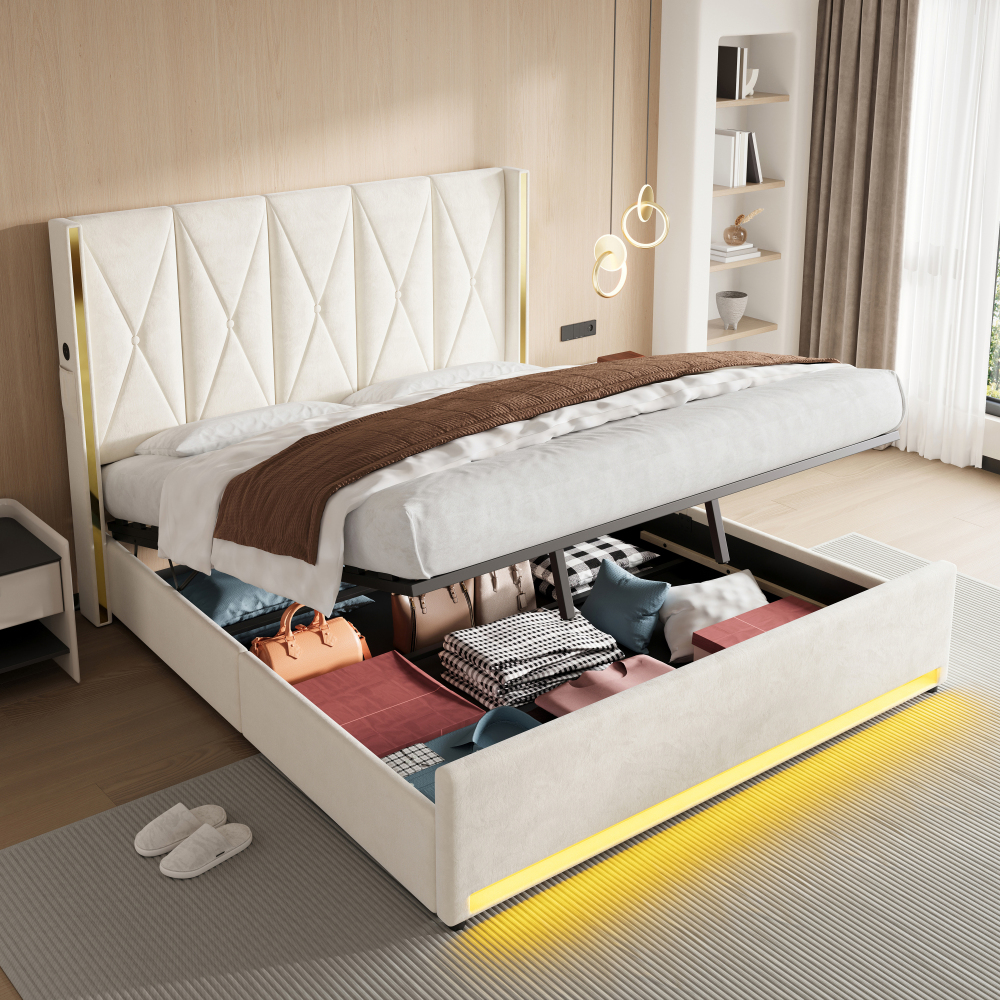 Cama tapizada 180x200cm con LED usb almacenaje bolsillos terciopelo
