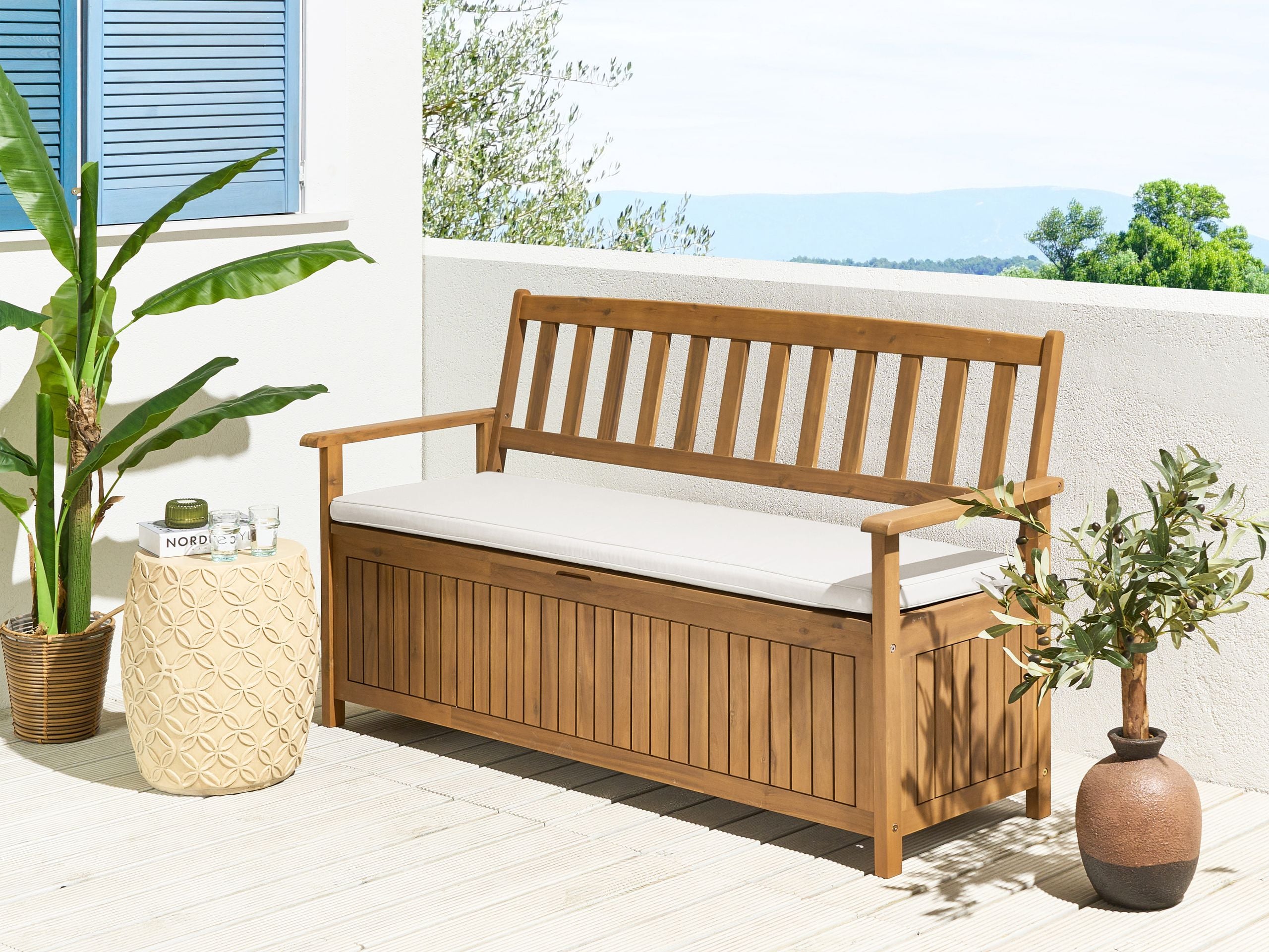 Banco de jardín con cojín sovana 160 cm madera de acacia blanco crema