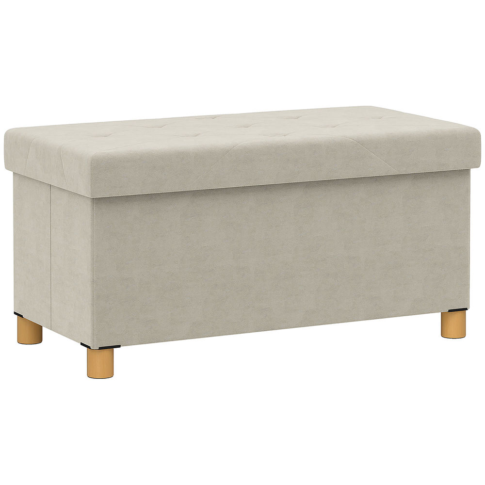 Banco de almacenaje terciopelo sintético, madera de caucho color beige