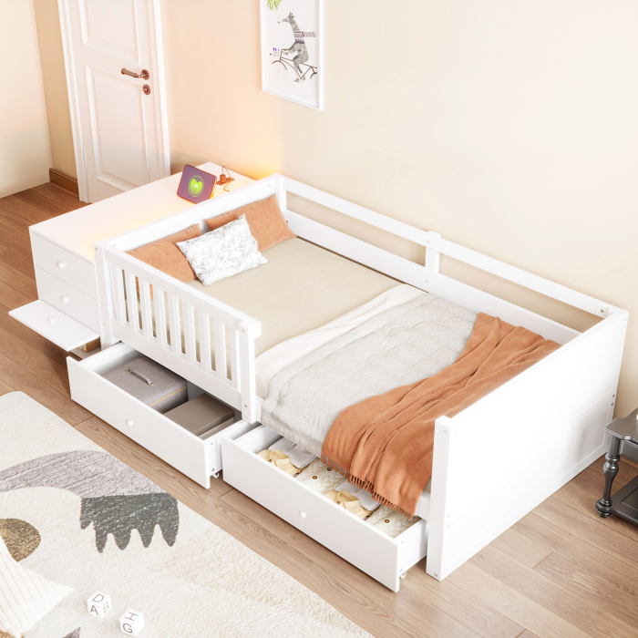 Cama alta 90x200cm con almacenaje LED y enchufe madera y mdf – blanco