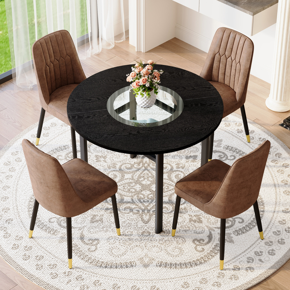 Mesa de comedor redonda con 4 sillas madera negro y marrón 100cm