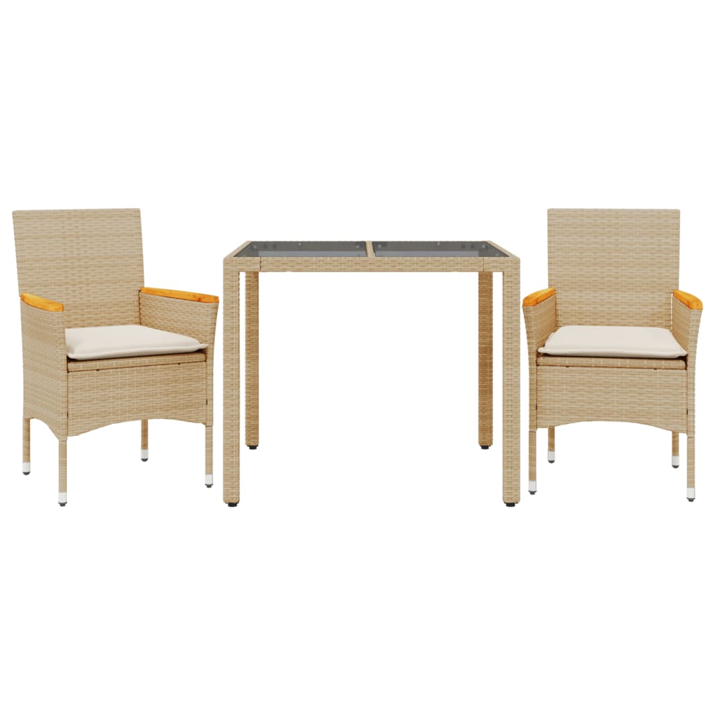 vidaXL set comedor jardín 3 pzas cojines ratán sintético vidrio beige
