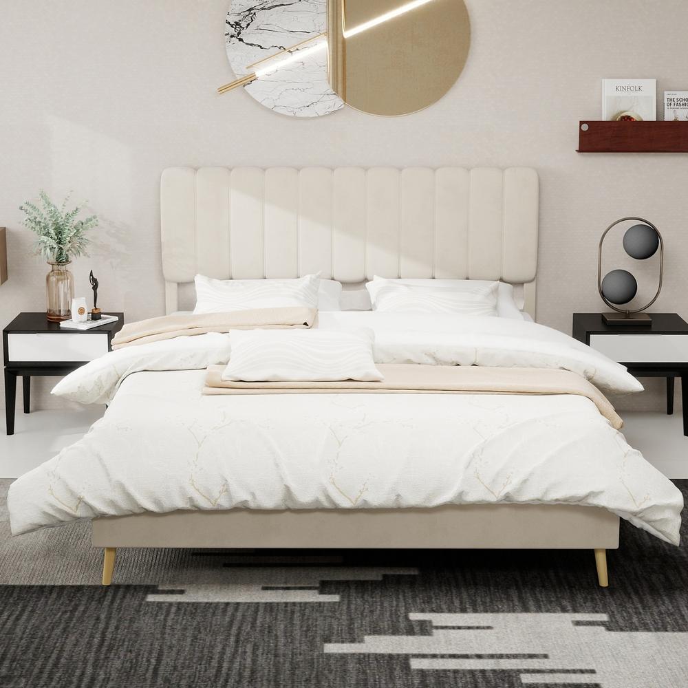 Cama plataforma baja 160x200cm con cabecero, sin colchón, beige